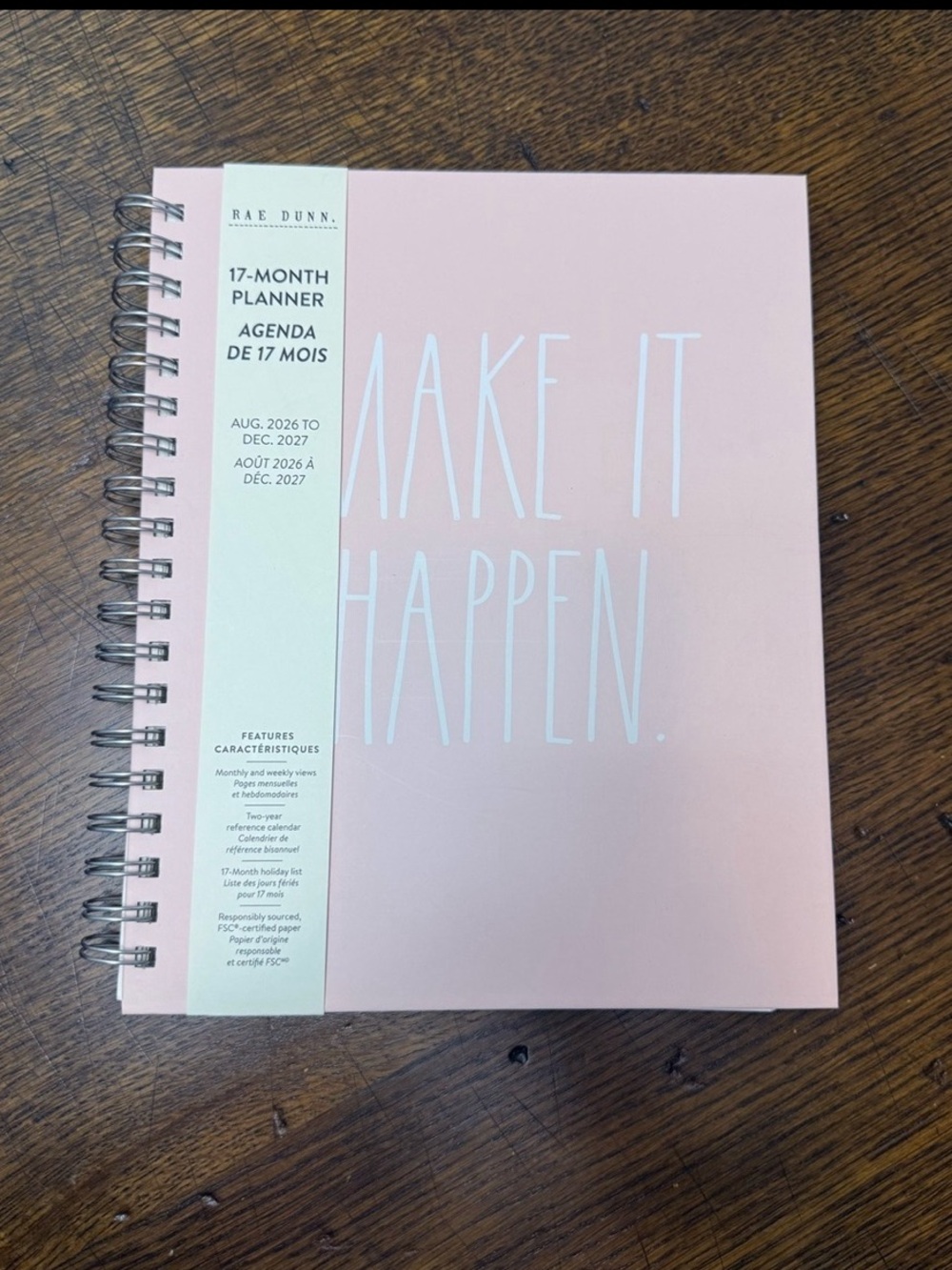 Rae Dunn Pink "Make It Happen" 17-Month Spiral Planner